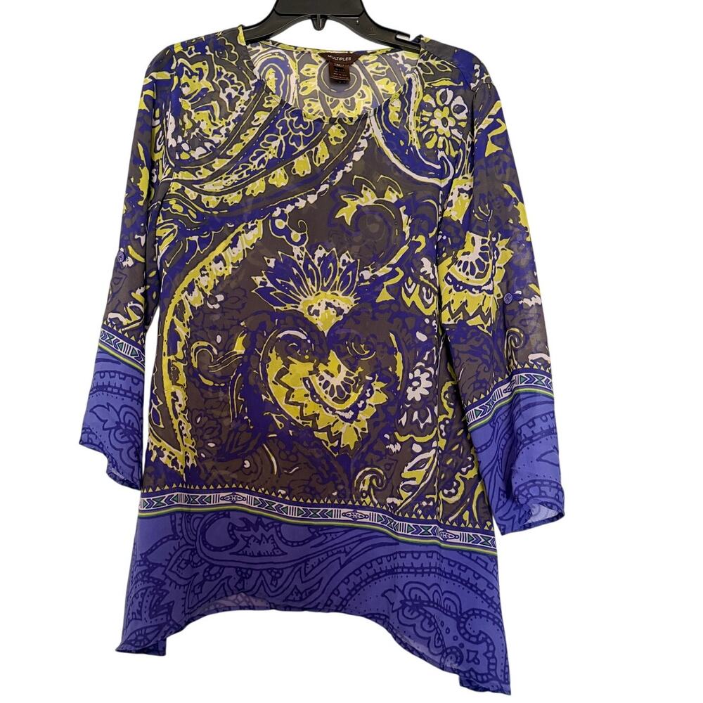 Multiples Women’s M Paisley Tunic Blouse Purple Lime Roll Tab Asymmetrical Hem